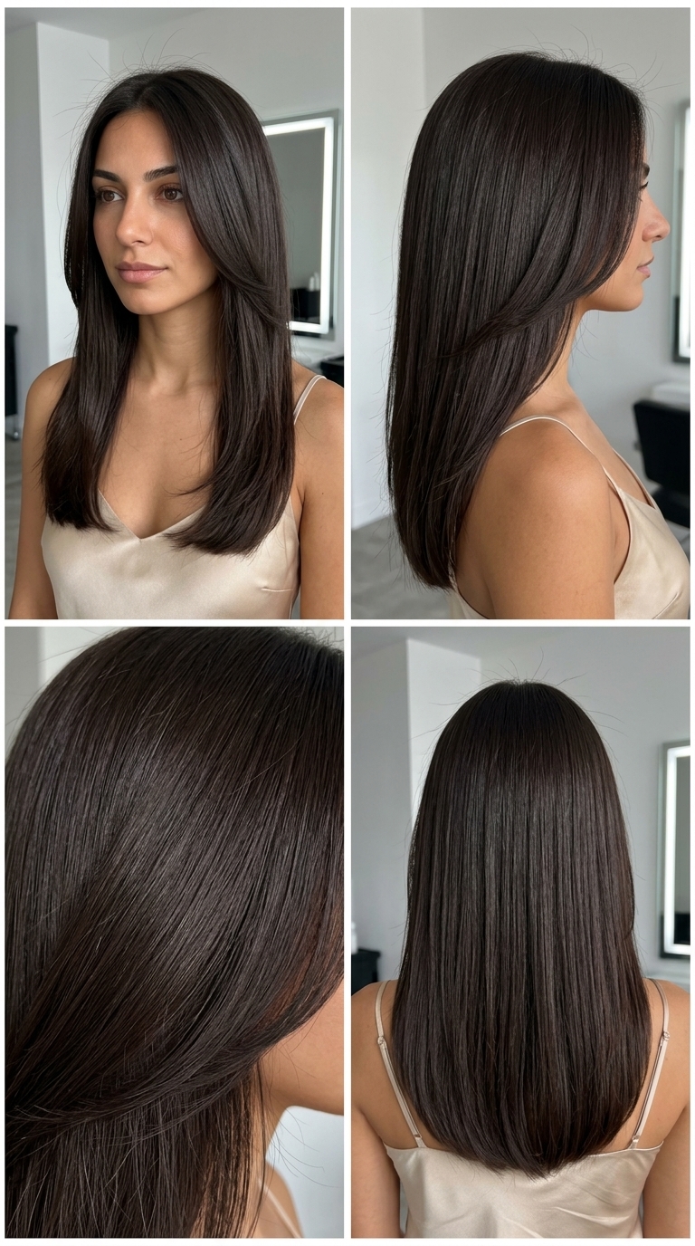 long one-length haircut in deep espresso with invisible internal layers, blunt U-shape back, long face-framing — minimalist sophisticated