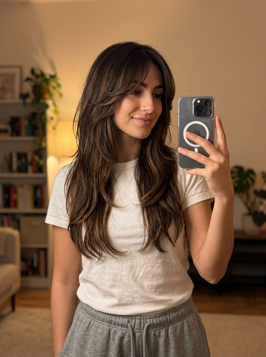 long shag haircut with espresso, subtle caramel ribbons and curtain bangs for effortless bohemian style