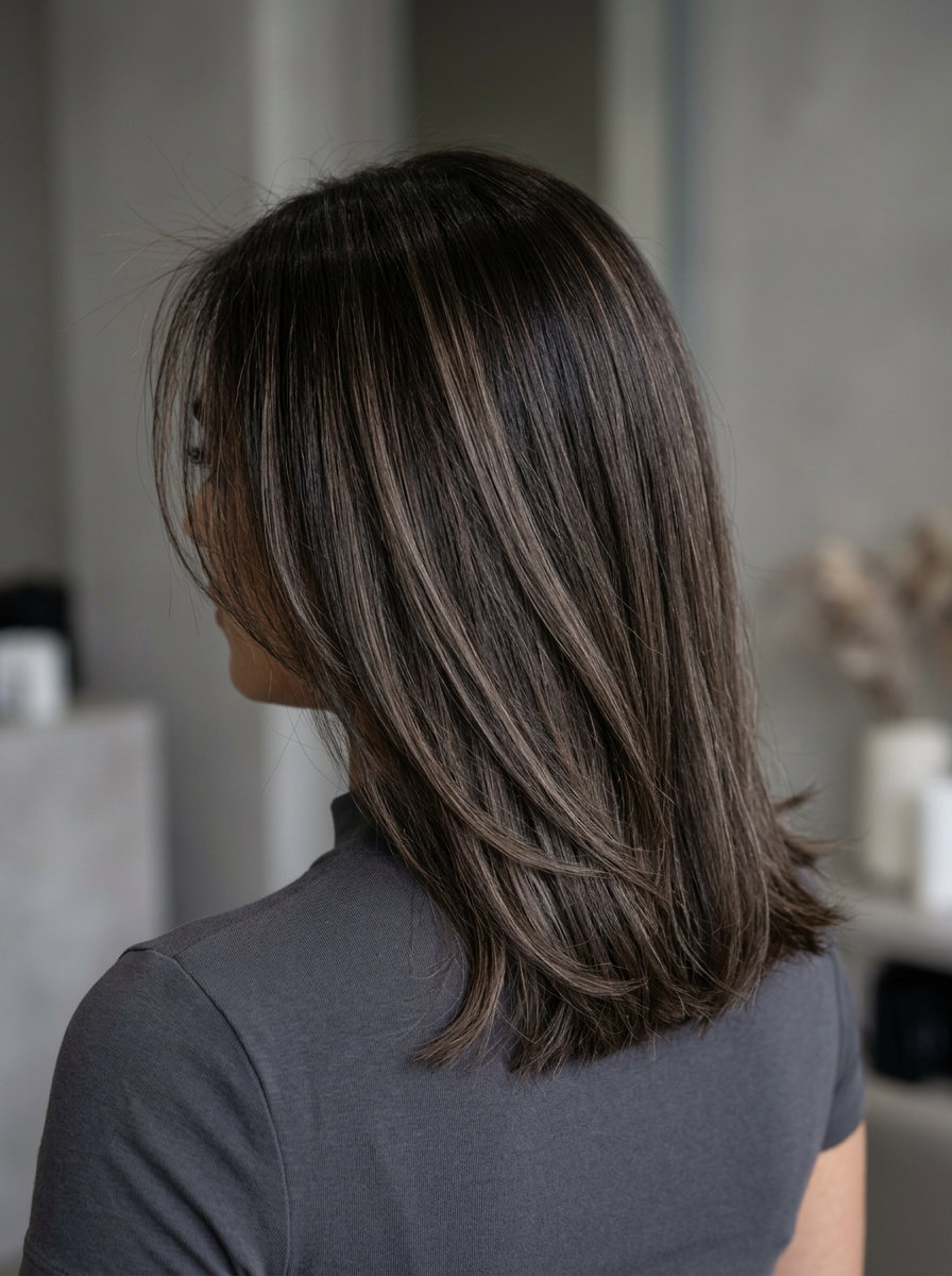 long sleek layers with espresso martini ribbon highlights, cool ash brown color, foilyage/slicing technique — sophisticated office look