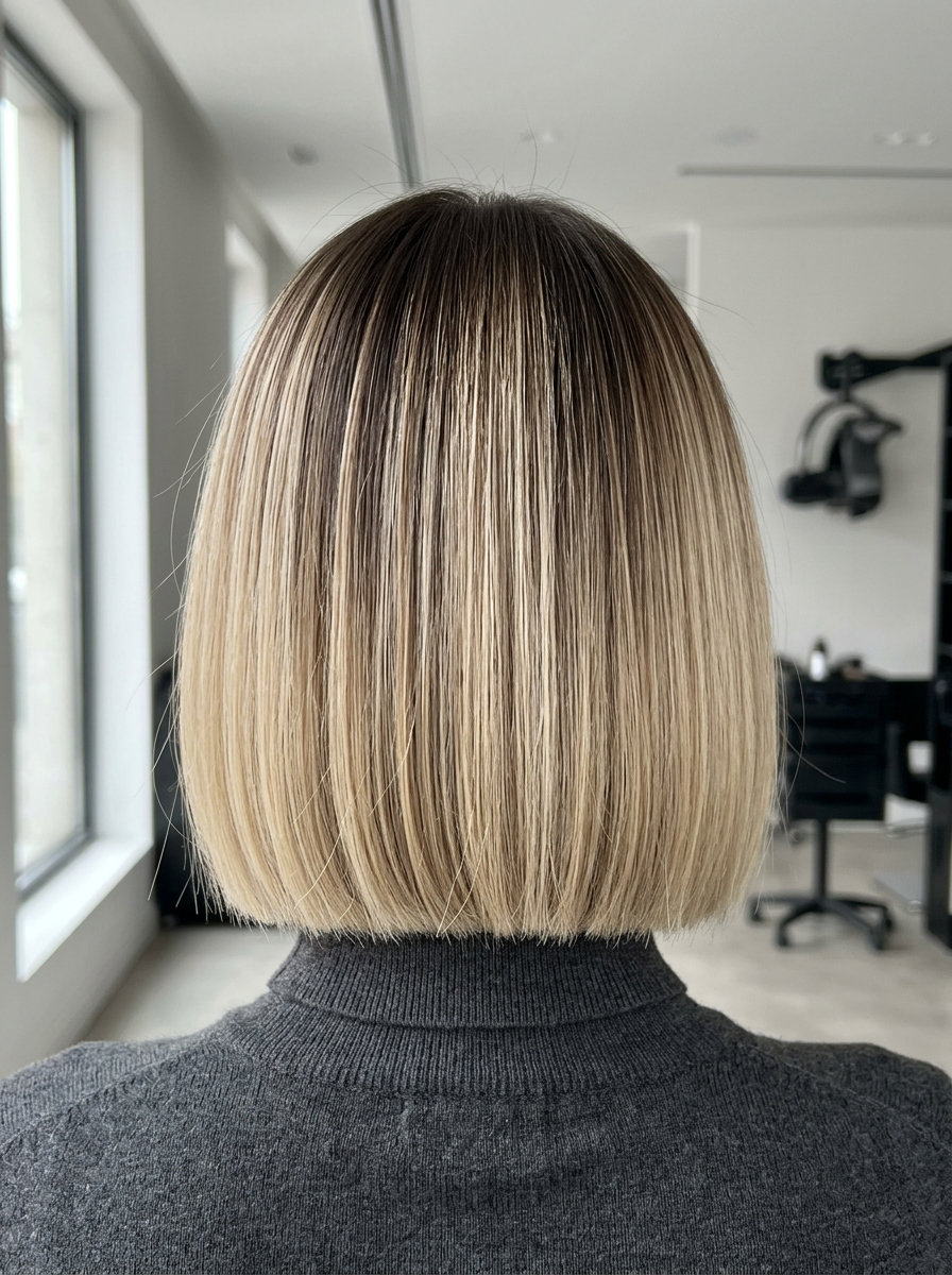 chin-length bob haircut with espresso root to mascarpone blonde melt, blunt perimeter, no fringe — sophisticated polished style