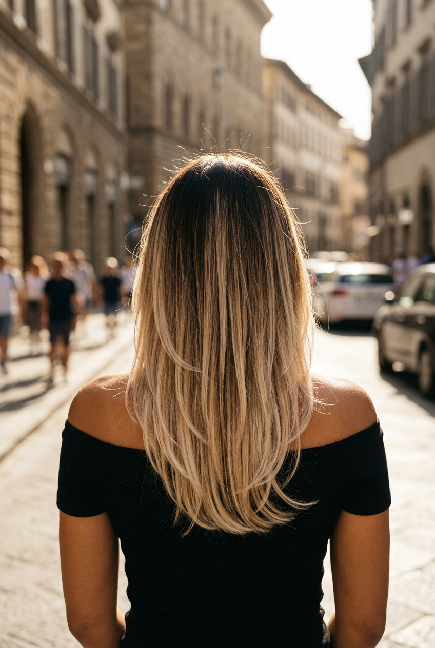 medium-long layered cut with espresso root to mascarpone blonde melt, face-framing layers, no fringe — sophisticated effortless style