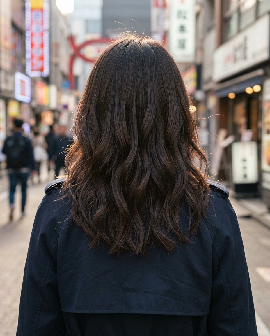 medium neutral espresso shag with auburn lowlights, internal layers, face-framing pieces — playful textured look
