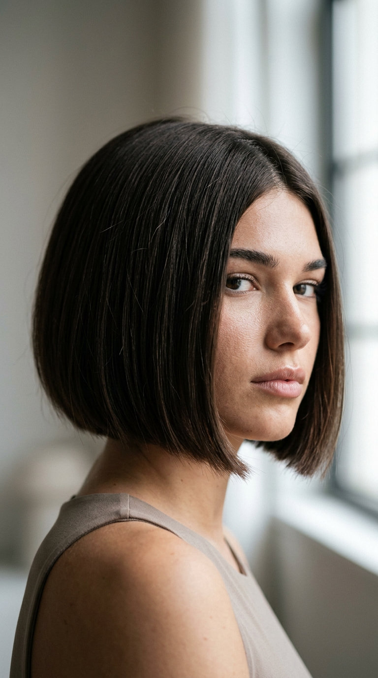 Cool Espresso Bob 2026: Sleek Brunette short sculpted bob with deep cool espresso brown, blunt cut, no bangs — sophisticated summer event