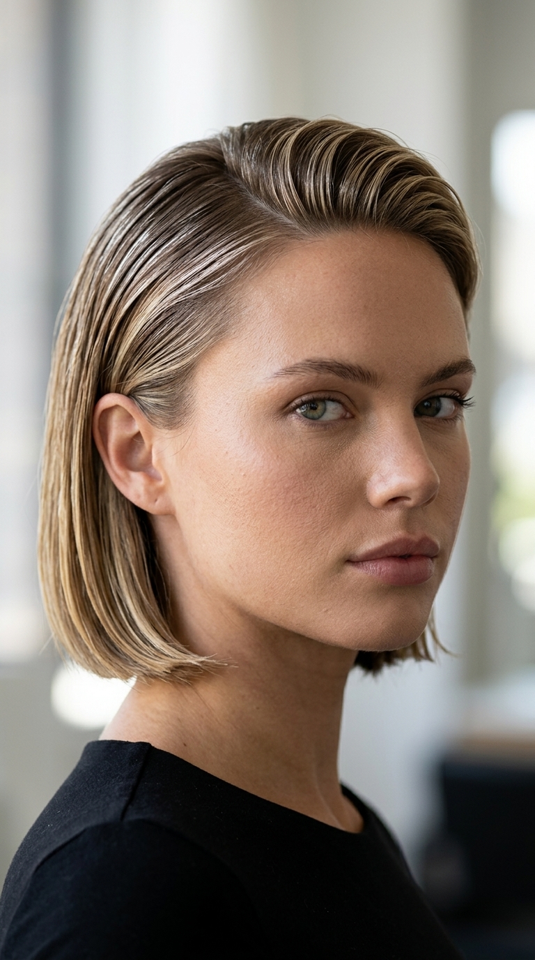 short italian bob haircut with deep espresso & clear gloss, blunt perimeter for sleekness