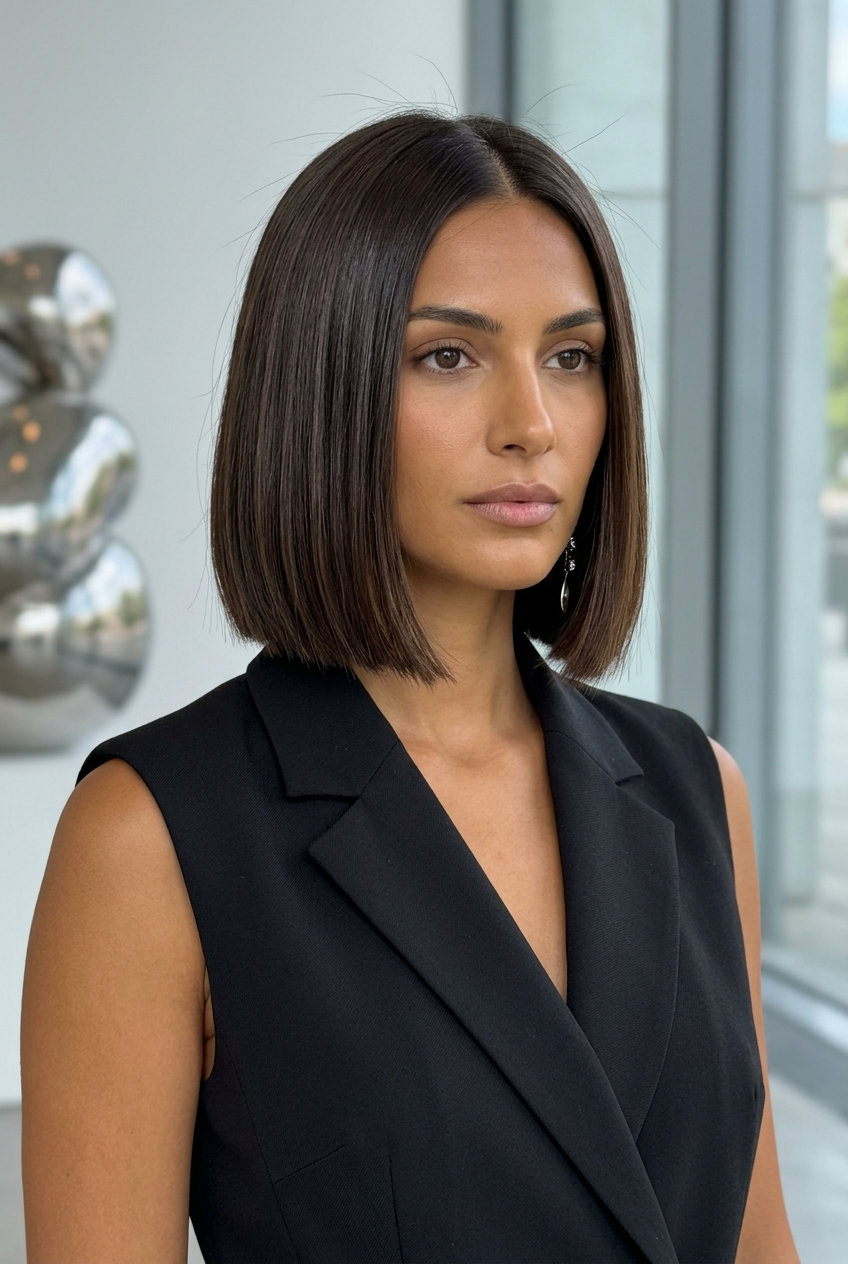 Chic Espresso Bob Hairstyle 2026 chin-length blunt bob espresso brunette with high-gloss finish, razored ends, no bangs — sophisticated daily wear