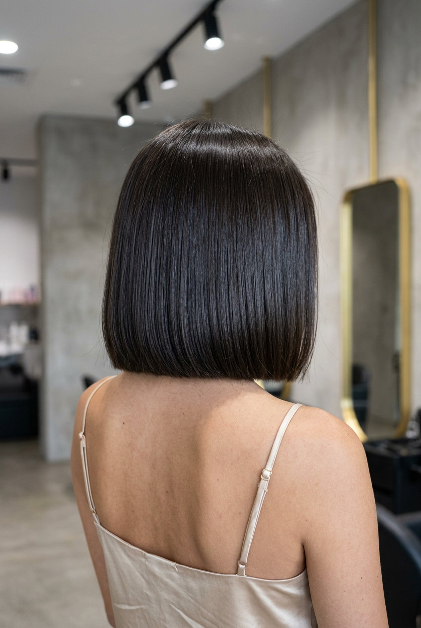 Espresso Roast French Bob 2026 short french bob haircut in deep espresso brown with cool undertones, high gloss glass hair finish for edgy style