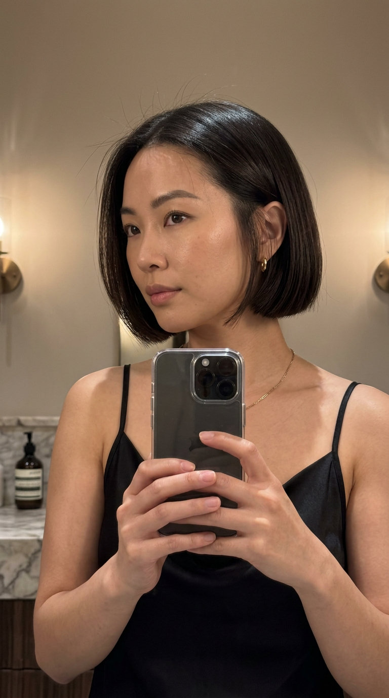 Obsidian Glass French Bob 2026 short french bob haircut in espresso roast brunette with cool undertones, high gloss finish for professional events