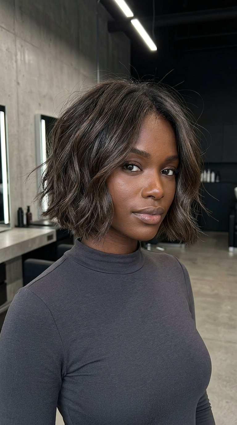 short wavy bob haircut with espresso brunette, choppy ends for edgy daily wear