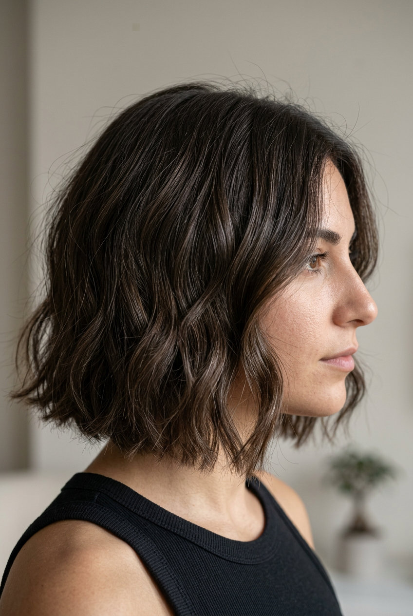 short wavy bob haircut with rich espresso brunette, point-cut perimeter — effortless daily wear