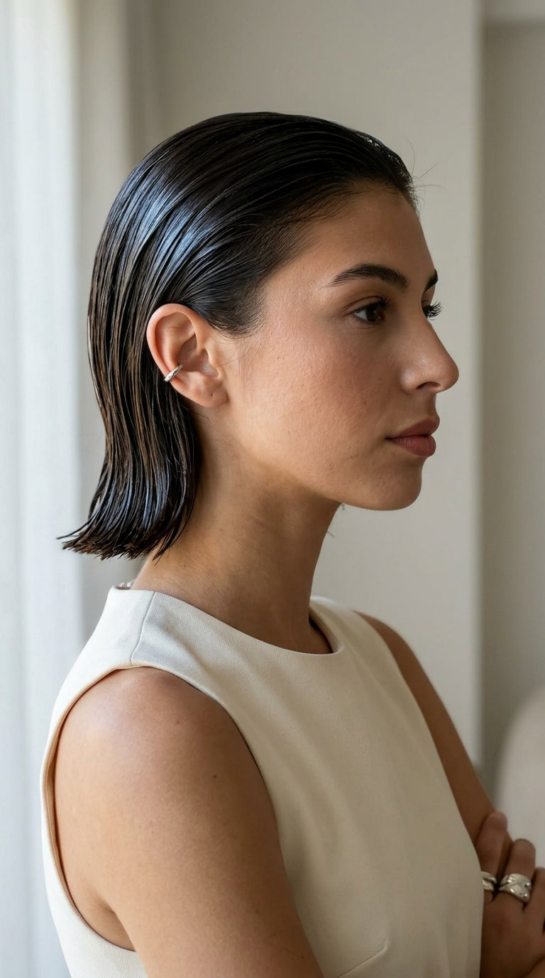 short espresso glaze bob with wet-look finish and slicked-back styling for summer