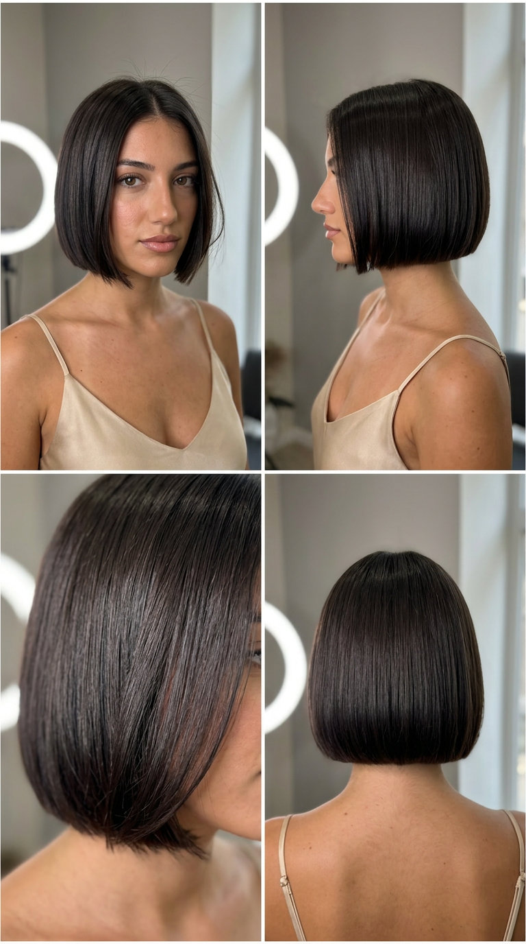 short italian bob haircut in deep espresso with high gloss, blunt cut, no fringe — professional sleek