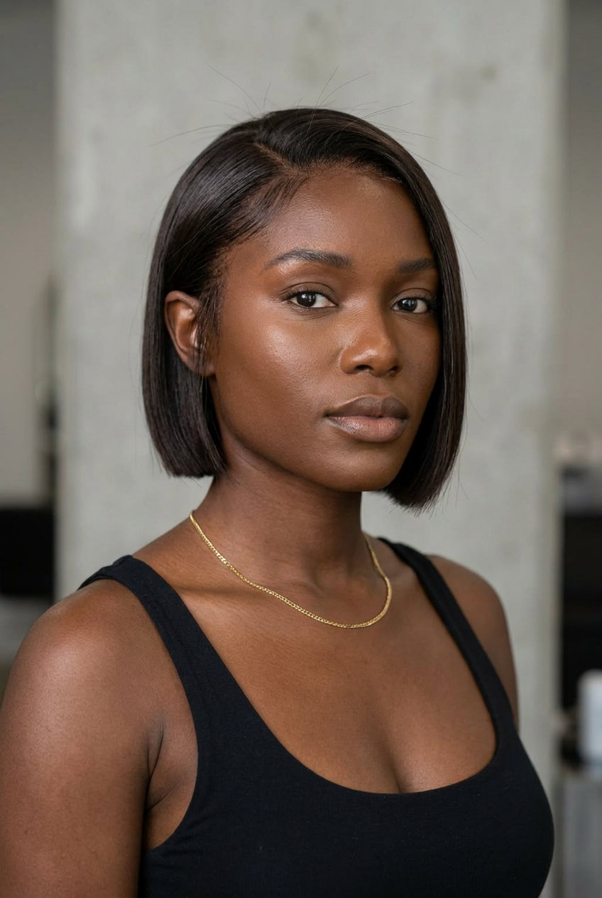 short italian bob haircut in deep espresso brown with high gloss, blunt cut, no fringe — authoritative sleek