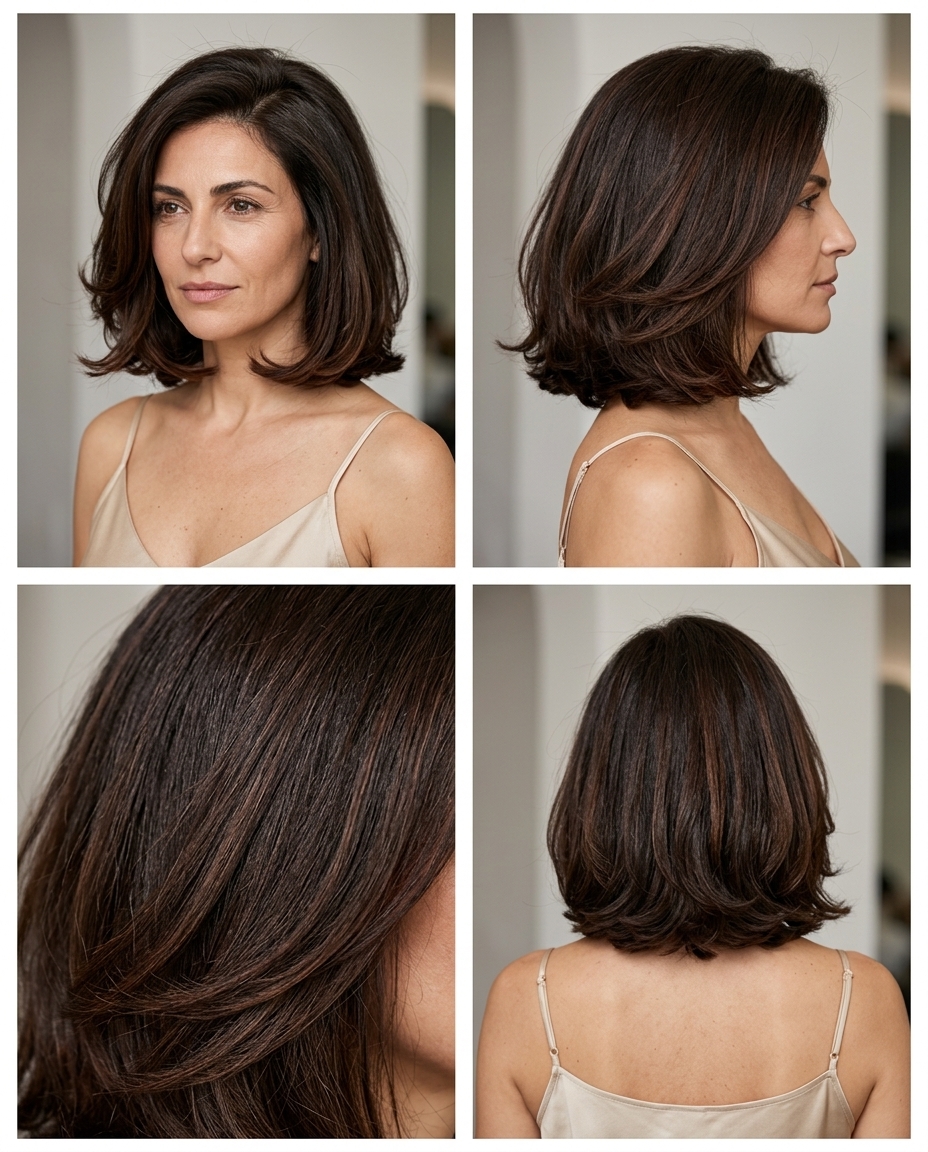 Voluminous Italian Espresso Bob 2026 shoulder-length espresso bob haircut with warm chocolate lowlights for summer