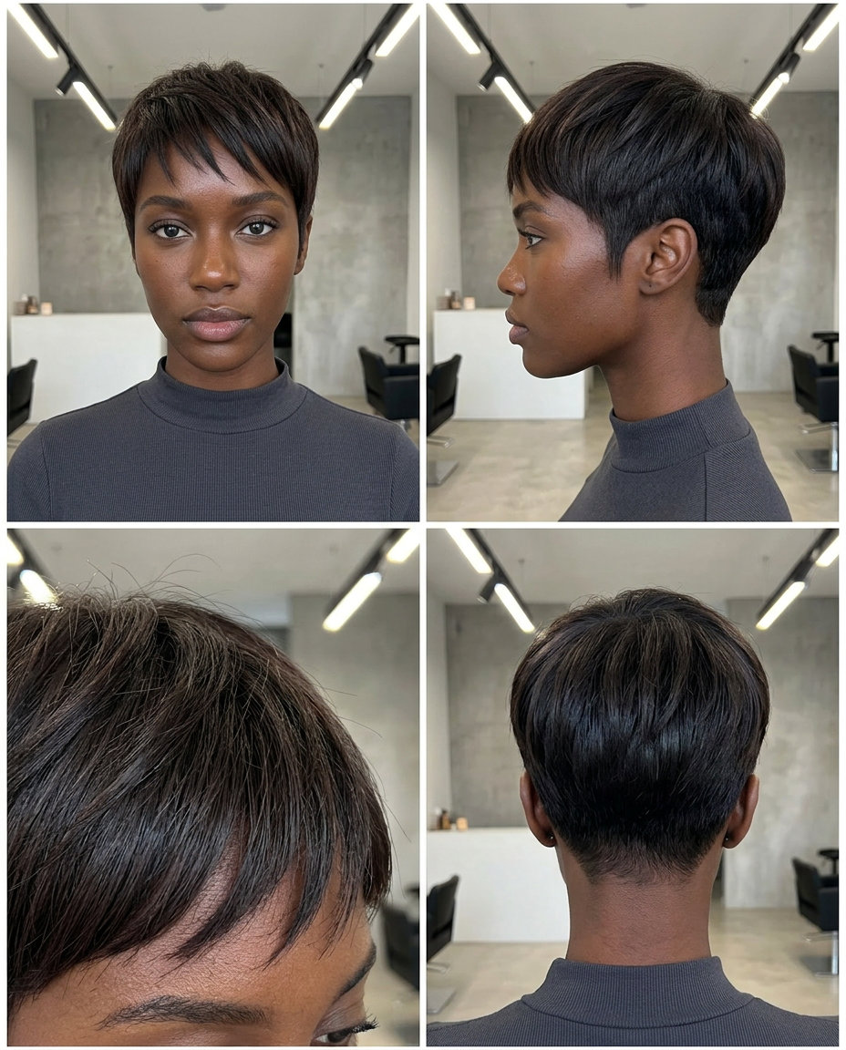 Edgy Summer Pixie Haircuts 2026: Shadowed Undercut very short precision pixie haircut with deep espresso roast brunette, undercut nape — edgy professional interview