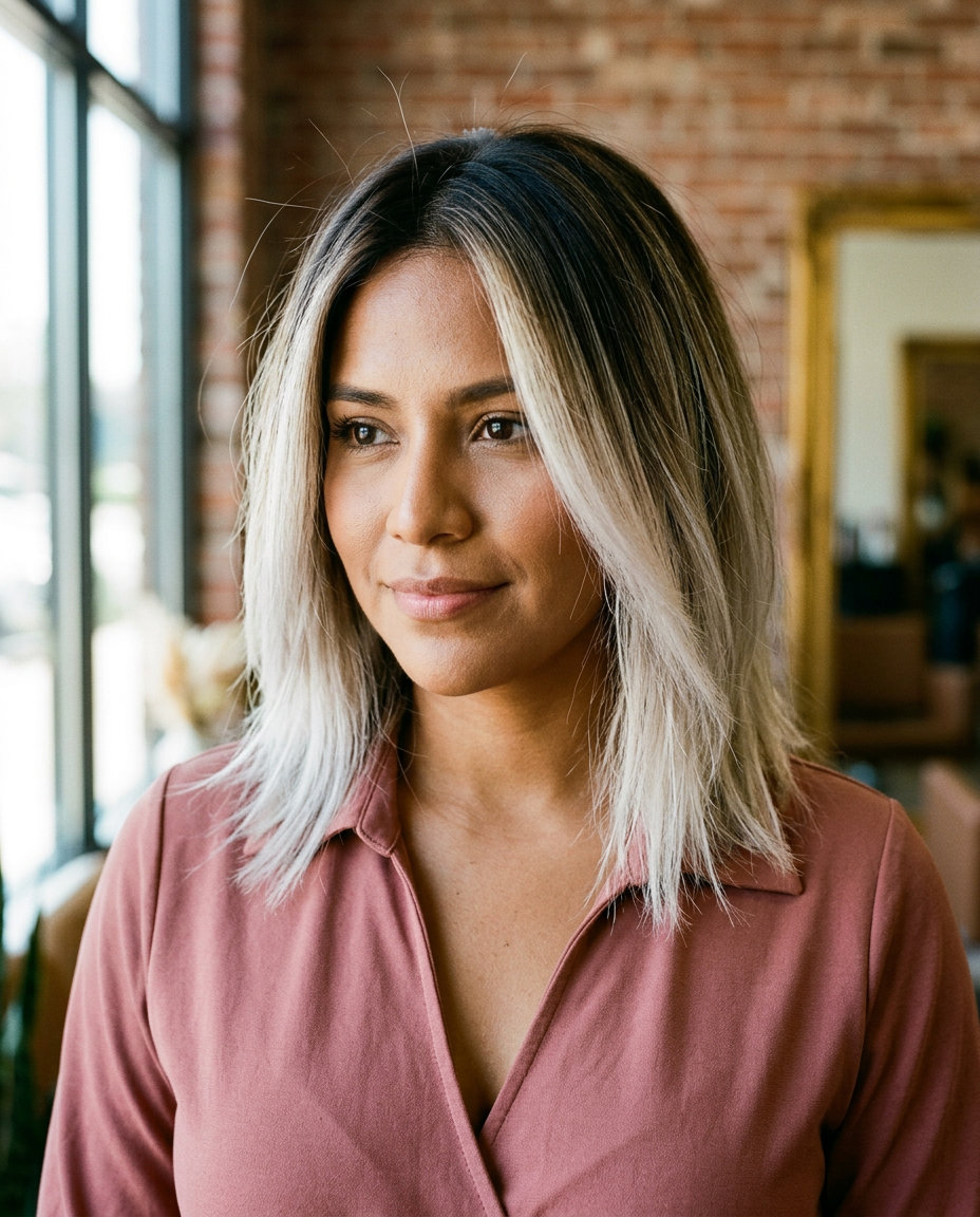Toasted Coconut Reverse Balayage 2026 long espresso to icy white blonde highlights with root melt, reverse balayage technique — dramatic concert