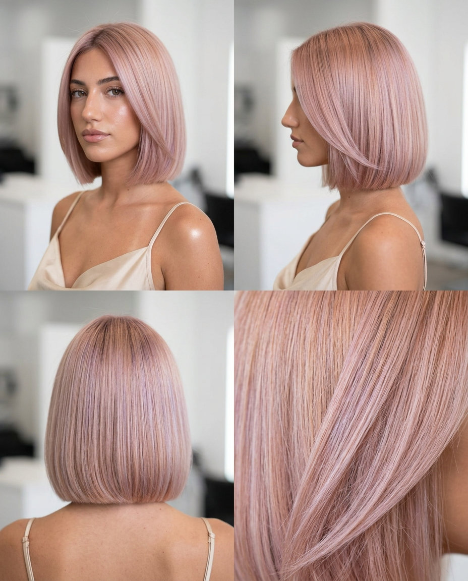 chin-length blunt bob with Frosted Peach strawberry blonde, double process and violet undertones, no bangs — romantic and ethereal