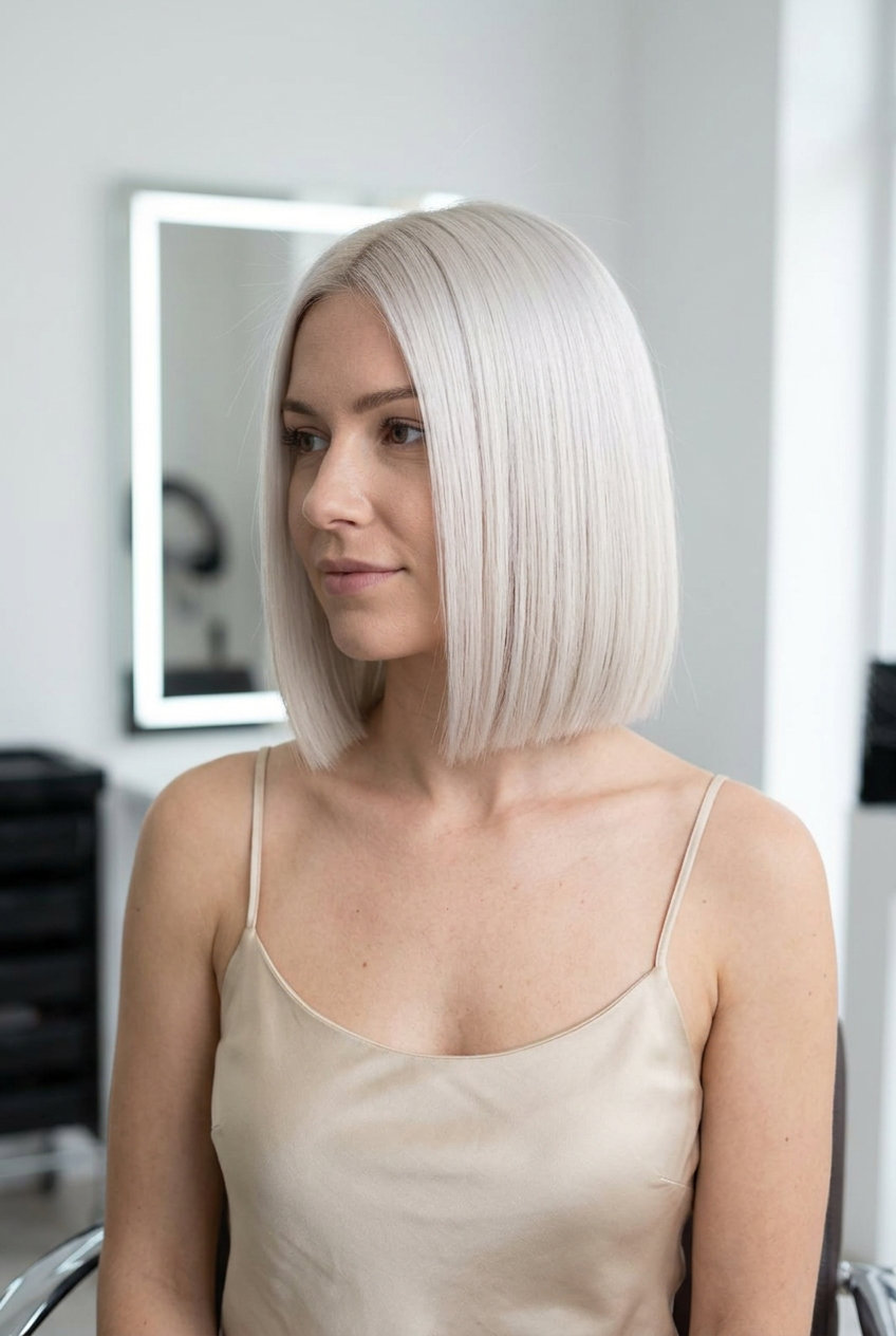 short icy blonde bob with matte platinum finish, sharp perimeter — sophisticated professional event