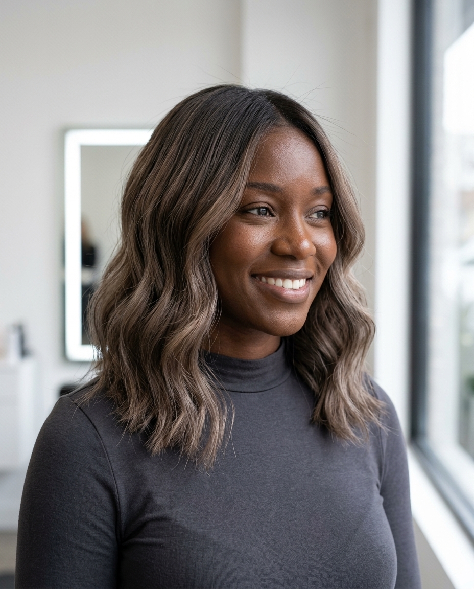 long frosted walnut shadow root hair color with cool beige accents, teasylights, no fringe — natural lived-in