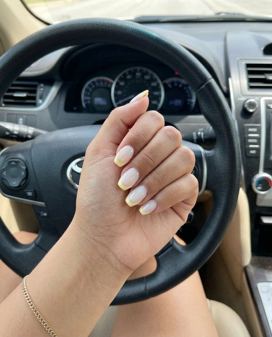 Butter Yellow French Nails 2026: Garden Party Chic Butter Yellow Milky French nails for fun summer nails 2026. Romantic and elegant garden party style.