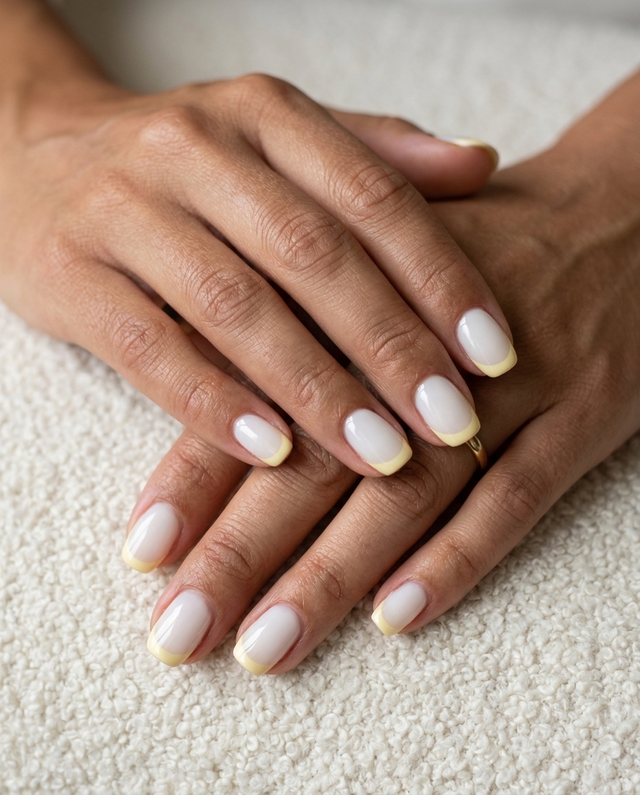 Fun Summer Nails 2026: Butter Yellow French Butter yellow milky French tips on elegant nails for fun summer nails 2026. Sophisticated for weddings and events.