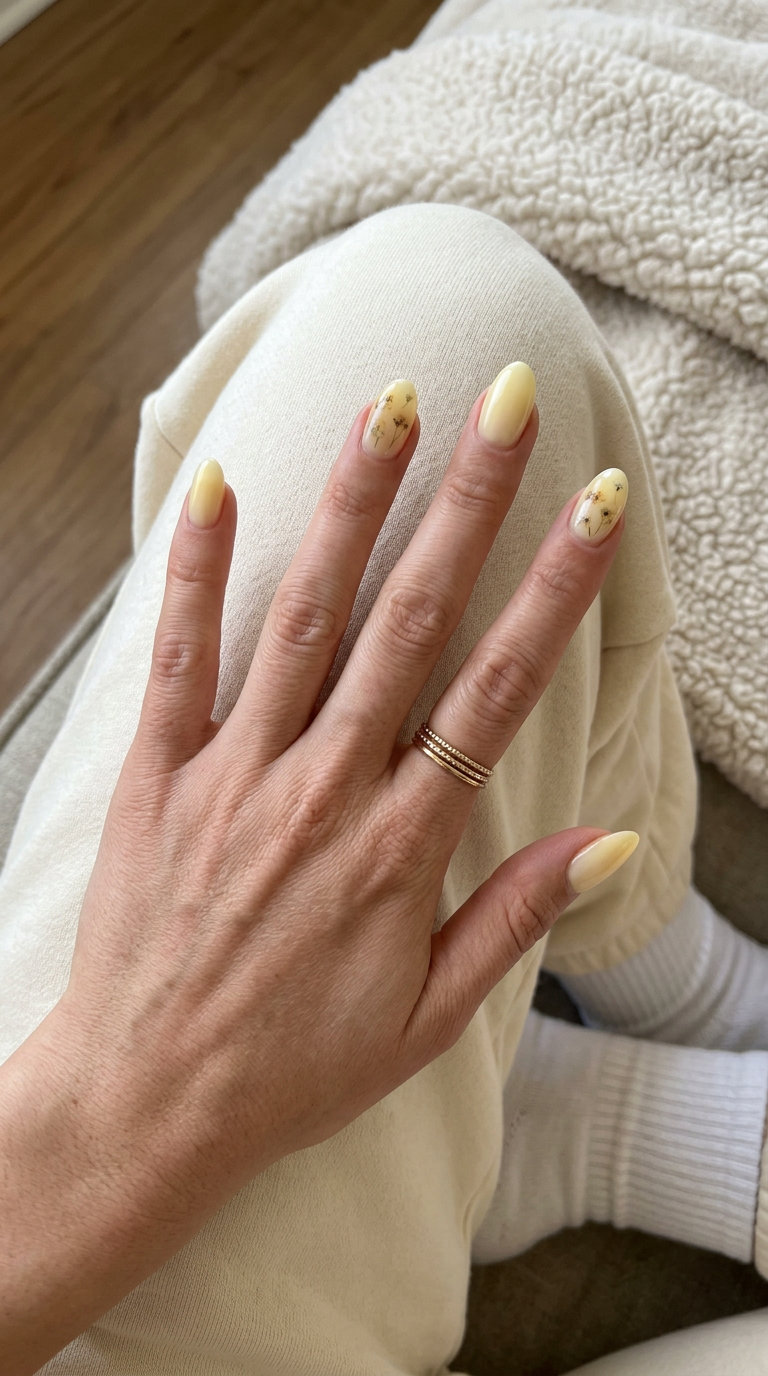 Fun Summer Nails 2026: Butter Yellow Milk Bath Butter yellow milk bath nails with dried flowers for fun summer nails 2026. Ideal for weddings and garden parties.
