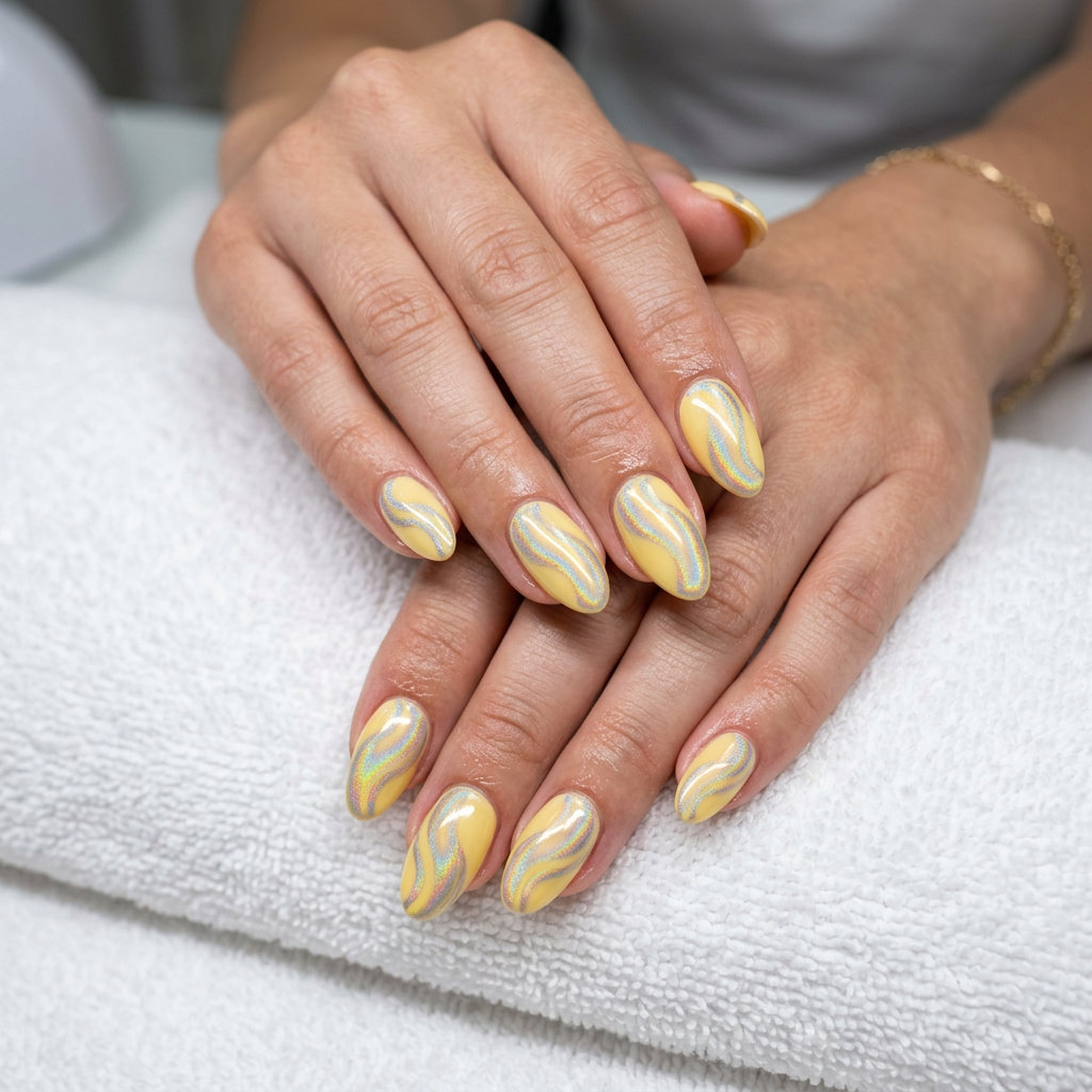 Fun Summer Nails 2026: Butter Yellow Swirls Whimsical butter yellow holographic swirls for fun summer nails 2026. Ideal for vacations or festivals.