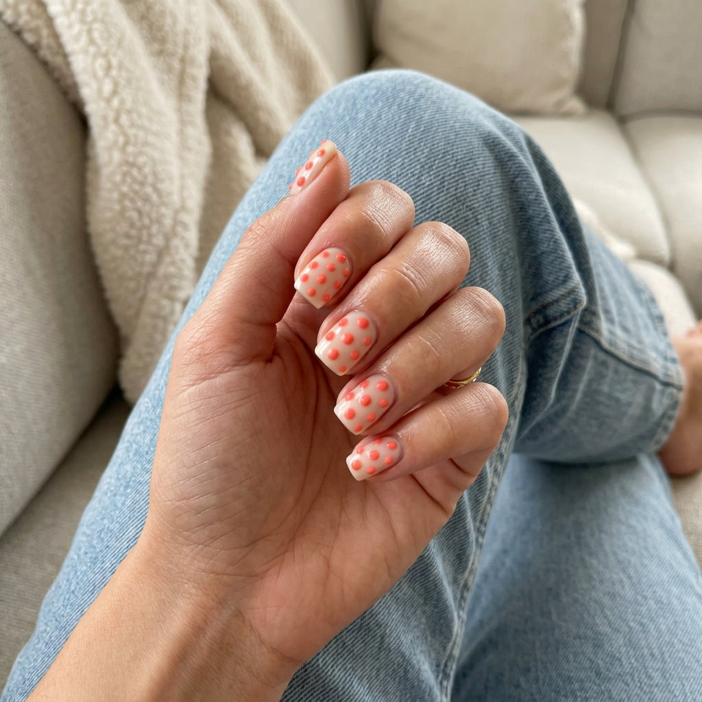 Fun Summer Nails 2026: Coral Textured Dots Vivid coral textured dots on nude base for fun summer nails 2026. Playful for vacations and beach days.