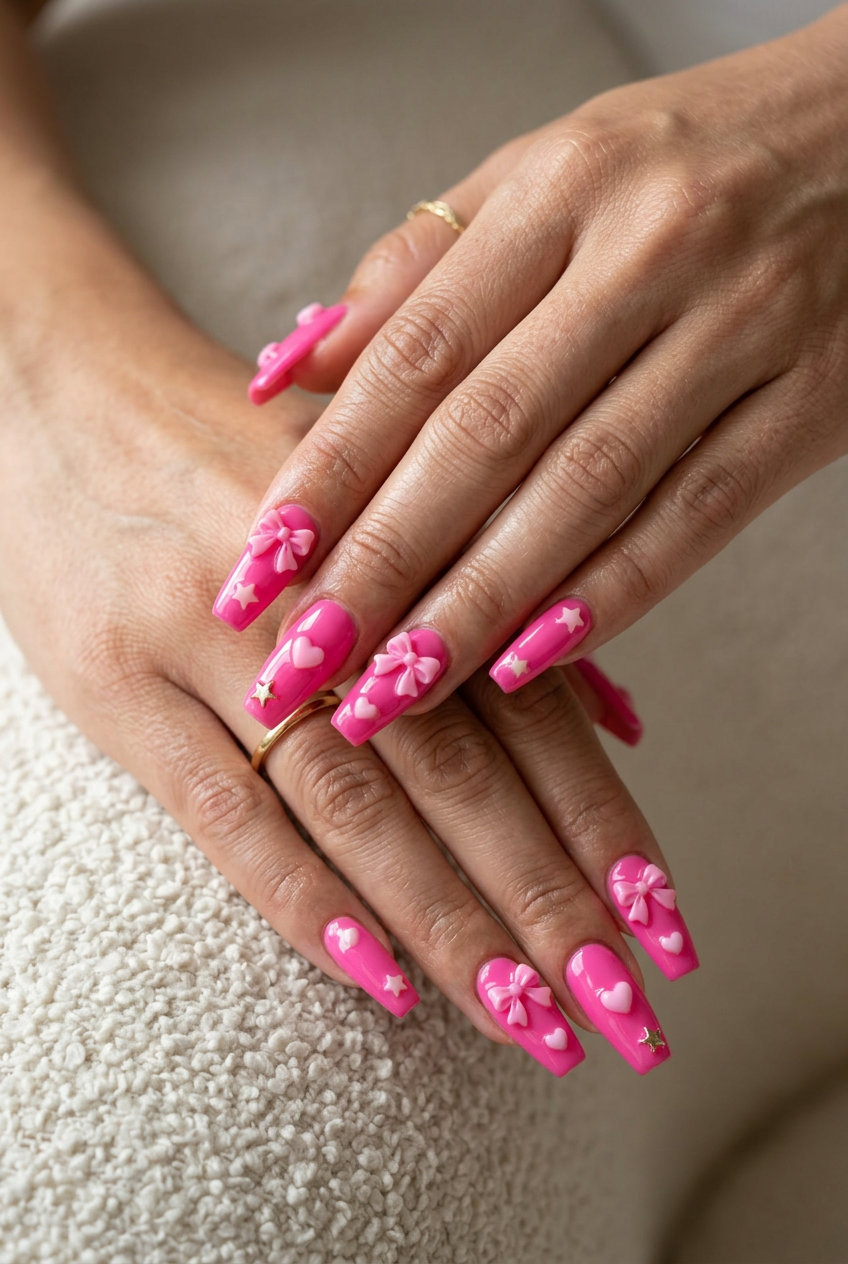 Hot Pink 3D Charms Coffin Nails | Fun Summer Nails 2026 Glamorous hot pink 3D charms coffin nails for parties and festivals. Fun summer nails 2026.