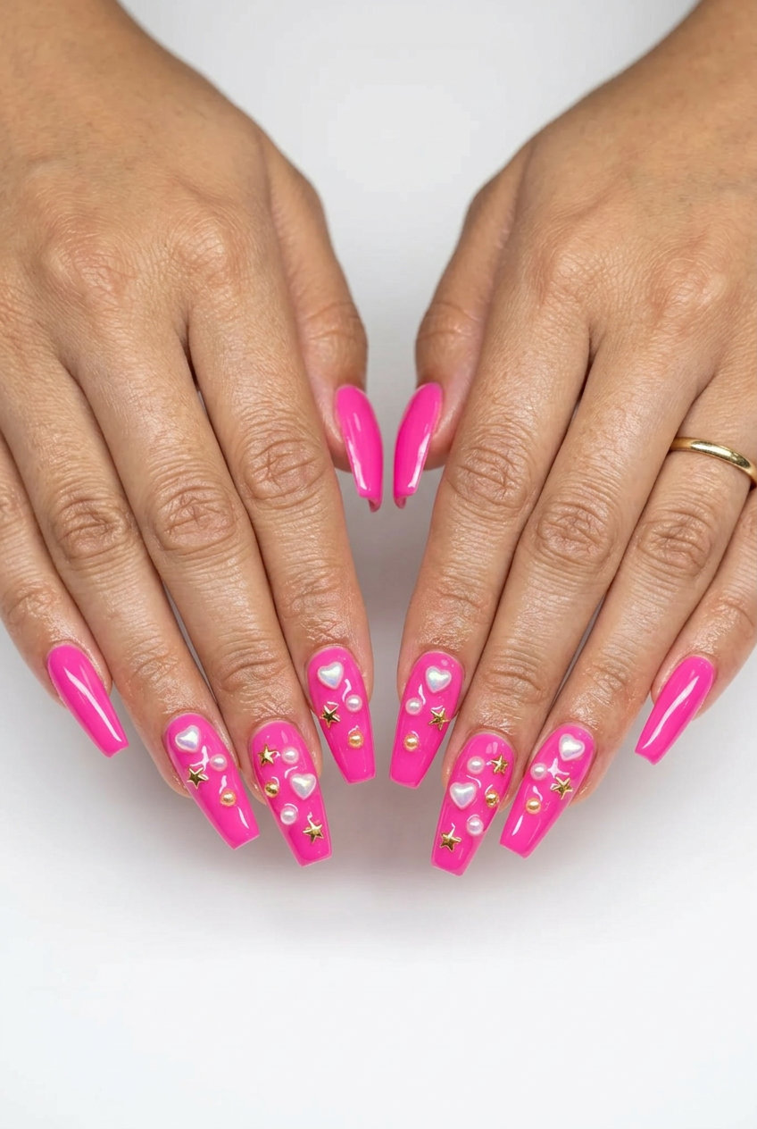 Fun Summer Nails 2026: Hot Pink 3D Charms Glamorous hot pink coffin nails with 3D iridescent charms for fun summer nails 2026. Perfect for festivals & parties.