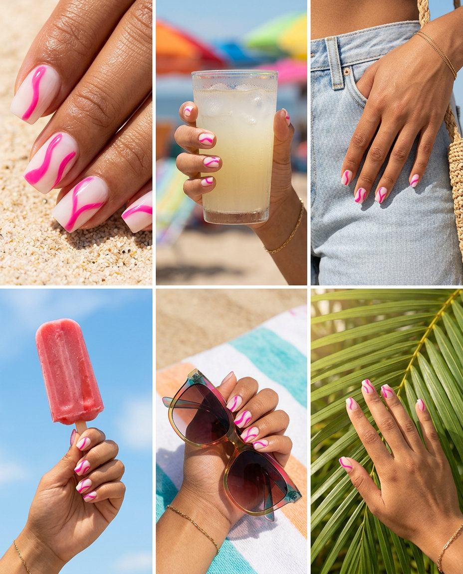Hot Pink Abstract Line Nails | Fun Summer Nails 2026 Bold hot pink abstract line nails for daily wear and street style. Fun summer nails 2026.