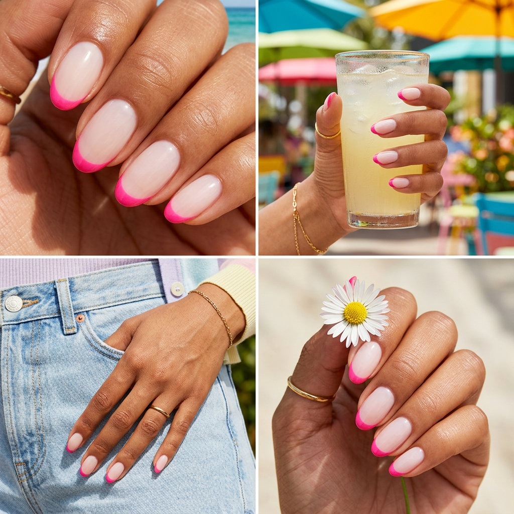 Hot Pink Micro French Pop Nails | Fun Summer Nails 2026 Chic hot pink micro French pop coffin nails for casual outings. Fun summer nails 2026.