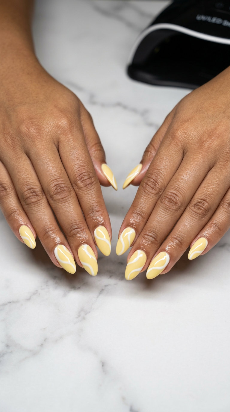 Fun Summer Nails 2026: Lemonade Swirl Art Lemonade swirl abstract art on butter yellow nails for fun summer nails 2026. Artistic and fresh for date nights.