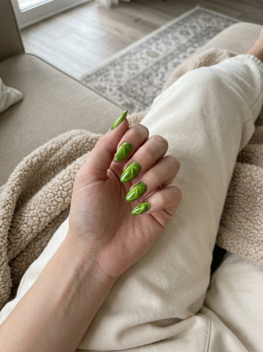 Fun Summer Nails 2026: Lime Green Cat-Eye Mysterious lime green cat-eye swirls for fun summer nails 2026. Great for festivals or casual events.