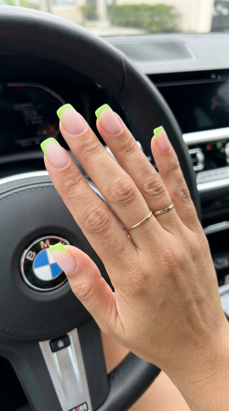 Fun Summer Nails 2026: Lime Green French Fresh lime green micro French tips on oval nails for fun summer nails 2026. Perfect for daily wear or brunch.