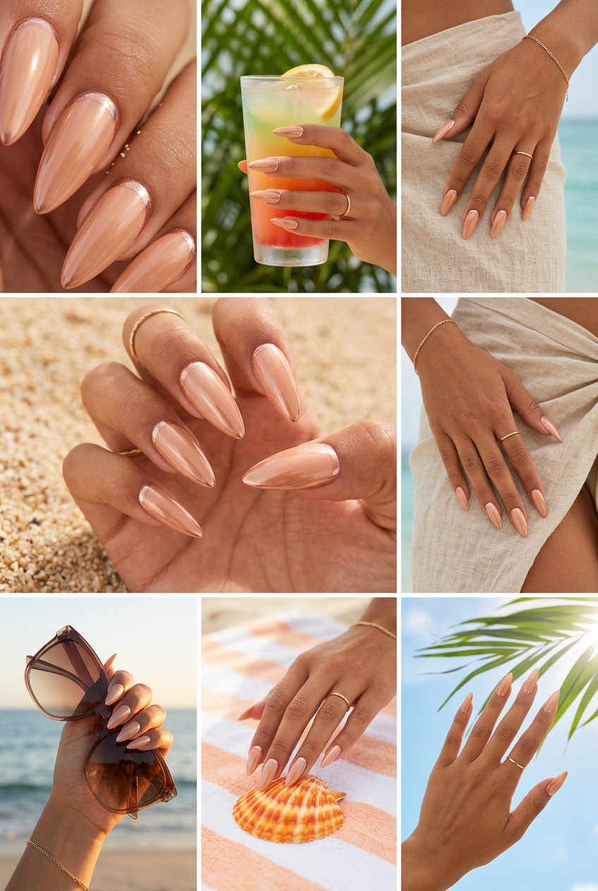 Nude Chrome Stiletto Nails | Fun Summer Nails 2026 Sophisticated nude chrome stiletto nails for formal events, date nights, and chic daily wear. Fun summer nails 2026.
