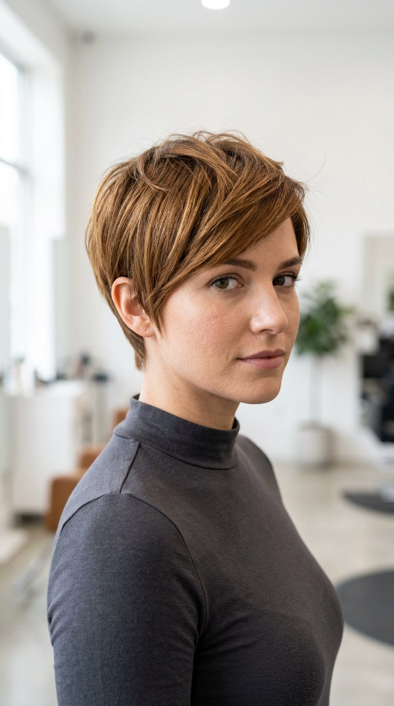Edgy Caramel Honey Pixie Crop 2026 Global caramel honey brown hair color with root smudge, razored pixie crop for edgy look