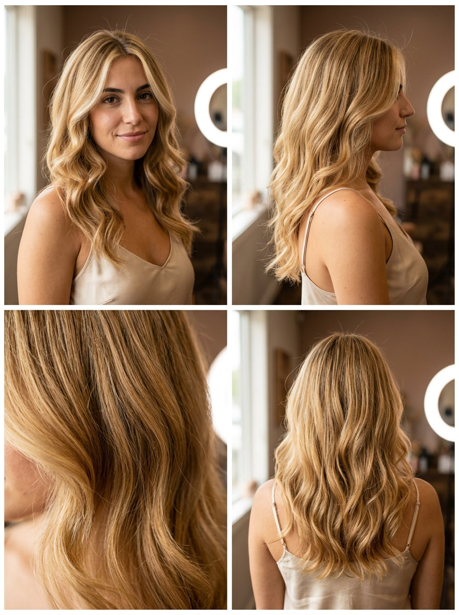Golden Blonde Money Piece Hair 2026 long layered butterfly cut golden blonde money piece with honey undertones, foilayage money piece — romantic summer party