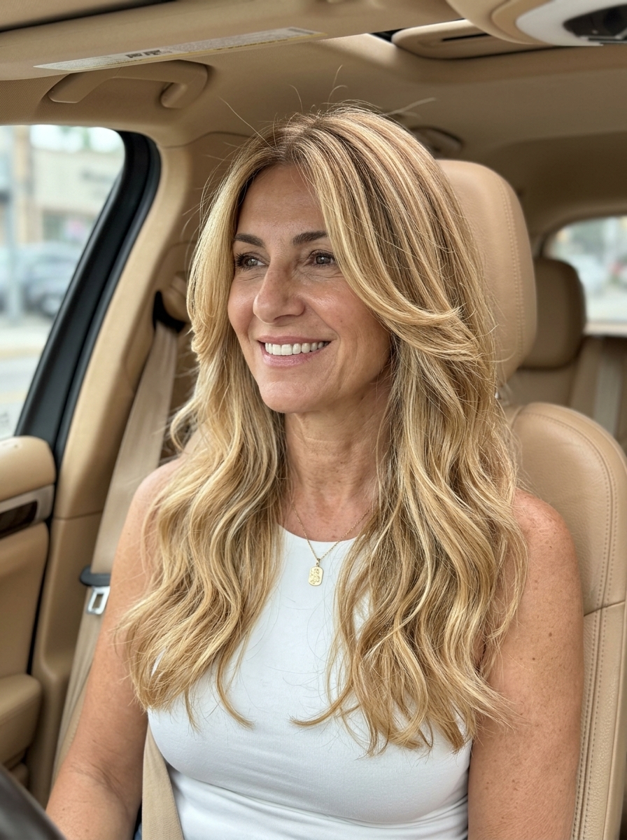 long layered haircut with golden blonde and honey babylights, face-framing layers and soft V-shape back for romantic glamour