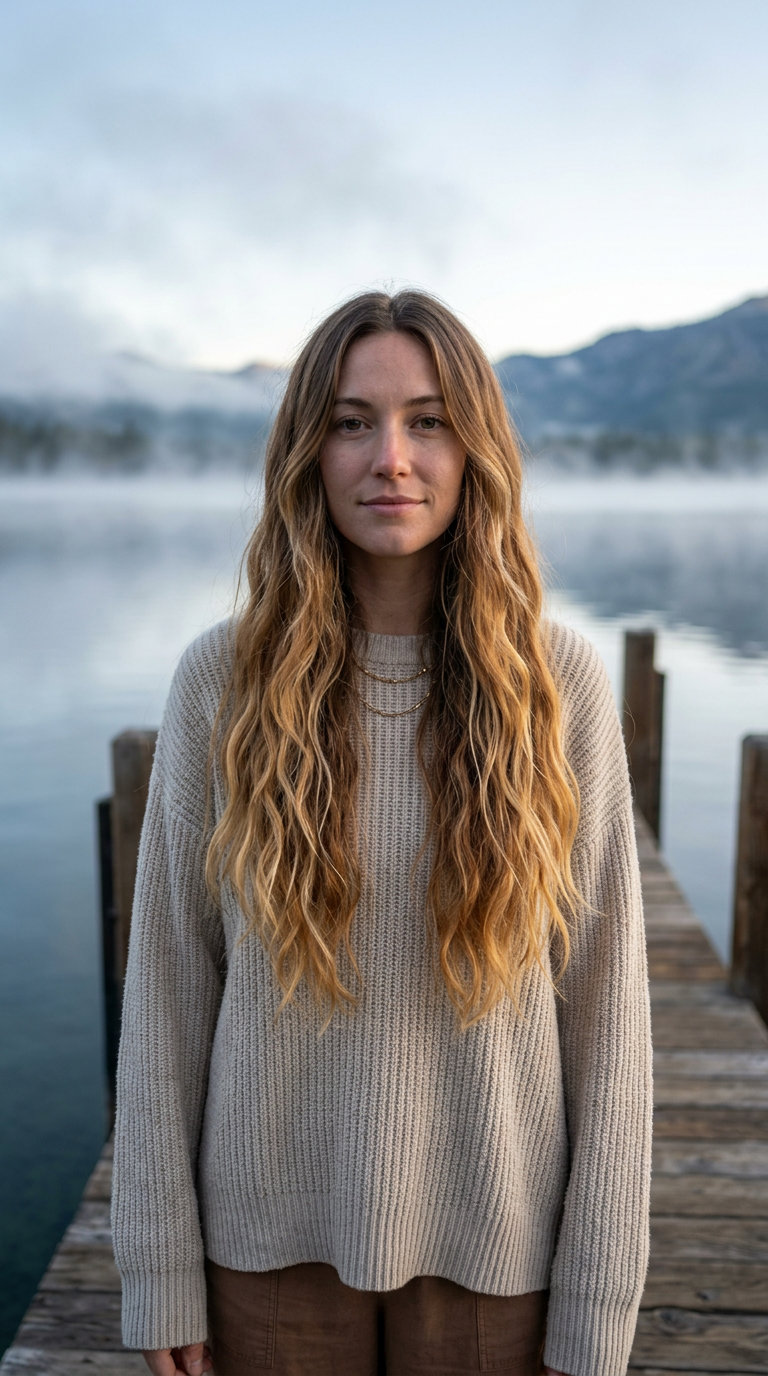 Sun-Kissed Ombré Cascade 2026 long U-shaped layered hairstyle warm golden blonde ombré, soft graduated layers, no bangs — bohemian beach day