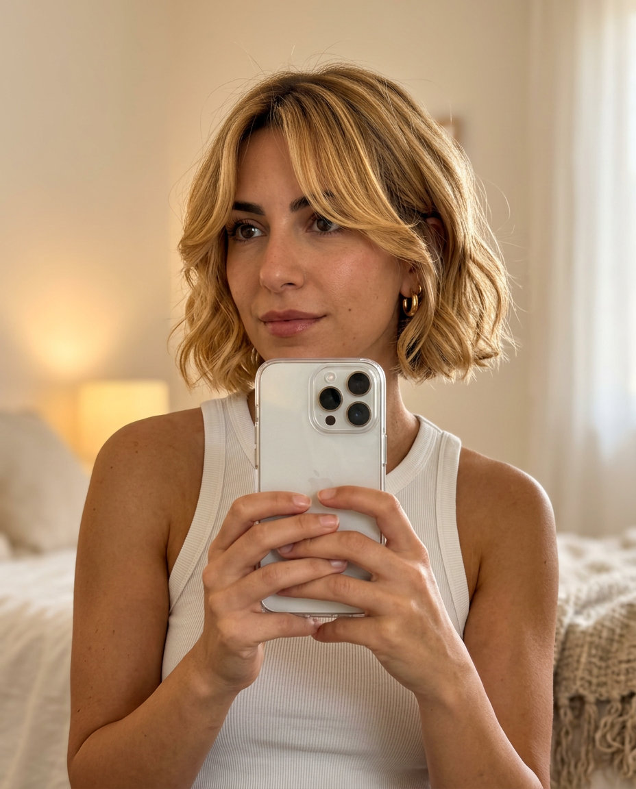 short wavy bob haircut with golden blonde, honey babylights — playful beach vacation style