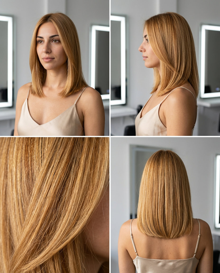 shoulder-length blunt cut with liquid gold honey blonde, sleek finish for evening event
