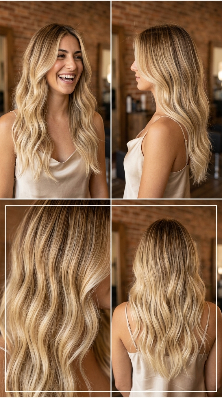 long cascading haircut in golden brown to buttercream blonde ombré, subtle face-framing layers, point-cut ends, V-shape back — playful bohemian