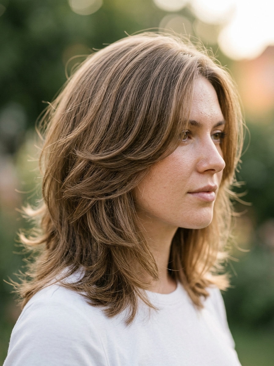 mid-length haircut with golden brown, caramel babylights, face-framing layers, no bangs — soft effortless