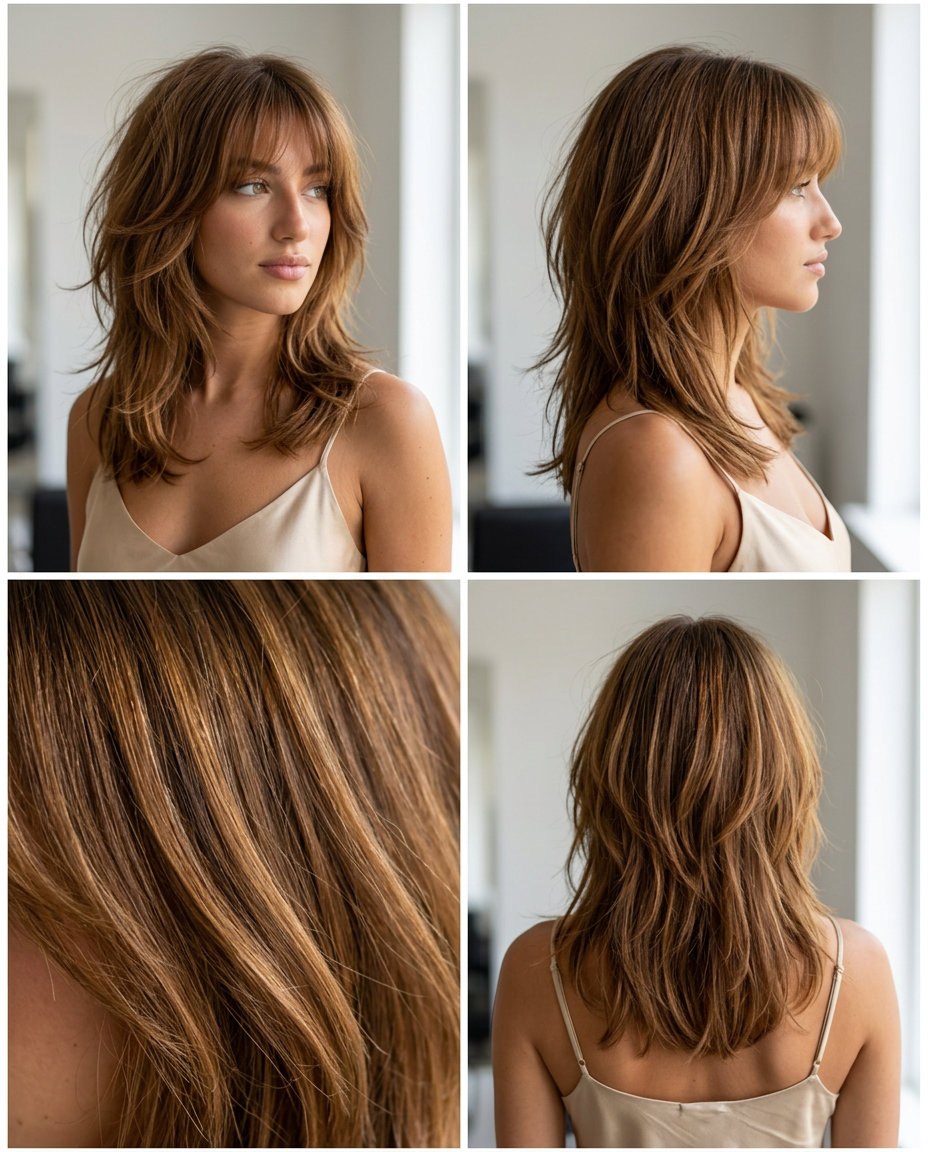 Amber Shag Haircut 2026: Textured & Bohemian mid-length shag with disheveled layers and wispy fringe in warm golden brown with caramel balayage for festivals