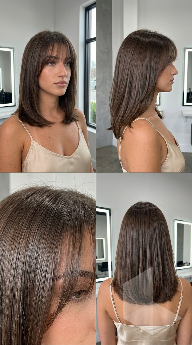 Amber Shag Haircut 2026: Textured & Bohemian mid-length shag with disheveled layers and wispy fringe in warm golden brown with caramel balayage for festivals