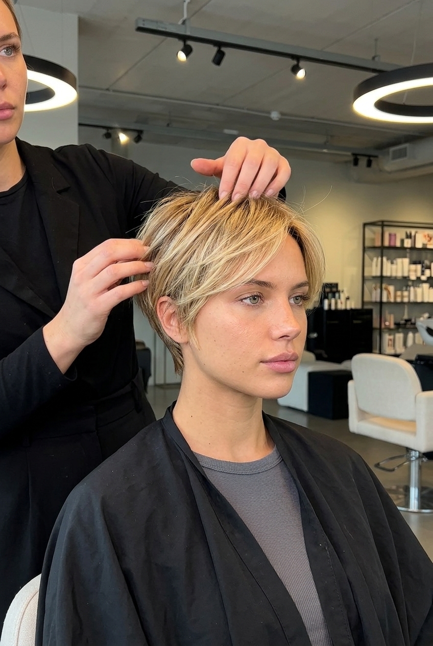 short razored pixie haircut with golden honey blonde and warm vanilla gloss, tousled texture for playfulness