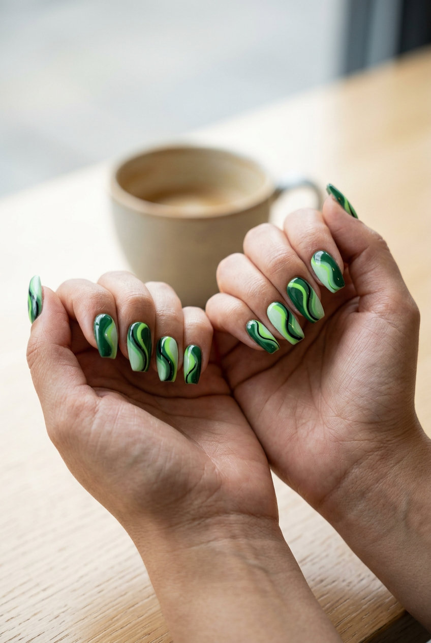 Abstract green swirl nails for festivals. Whimsical green summer nails 2026 with artistic design.