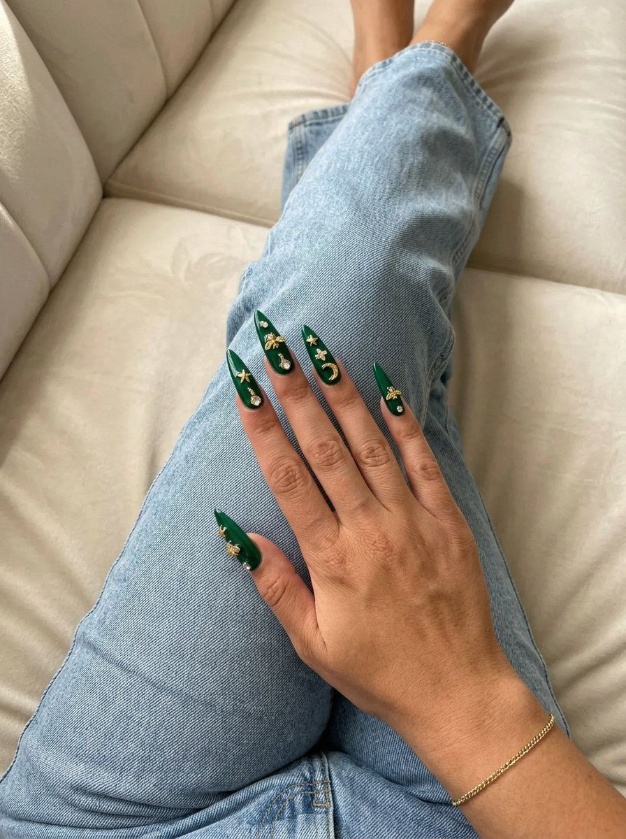 Opulent emerald green nails with gold charms for a formal event. Luxurious green summer nails 2026.