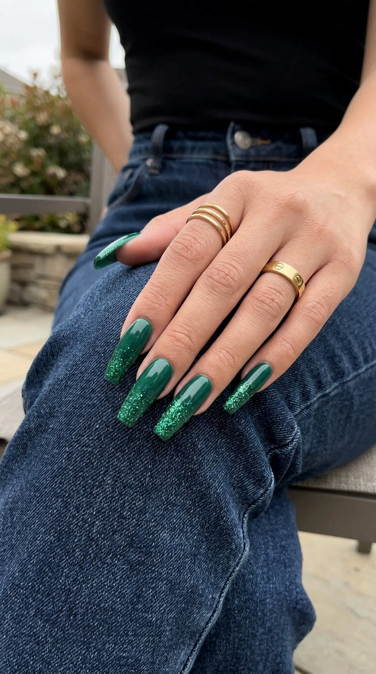 Emerald green glitter ombre nails for parties. Glamorous green summer nails 2026 with sparkling effect.