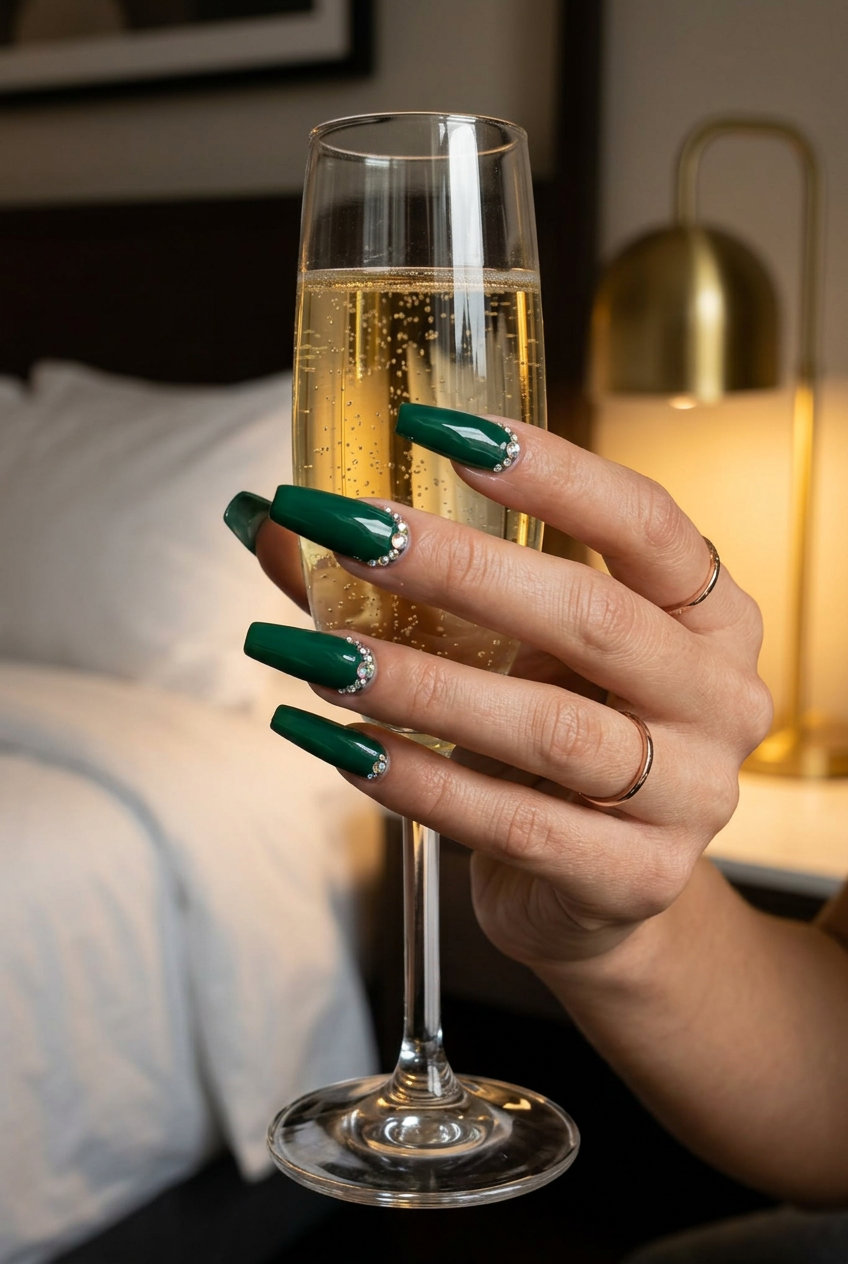 Emerald green nails with iridescent rhinestones for a party outfit. Dazzling green summer nails 2026.